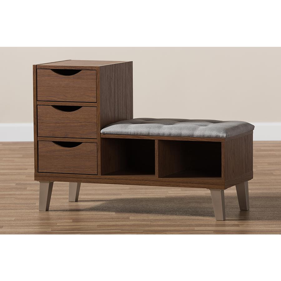 Arielle Modern and Contemporary Walnut Wood 3-Drawer Shoe Storage Grey Fabric Upholstered Seating Bench with Two Open Shelves. Picture 9
