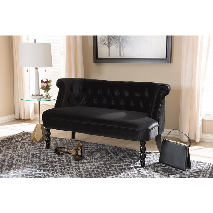 Flax Victorian Style Contemporary Black Velvet Fabric Upholstered 2-seater Loveseat. Picture 2