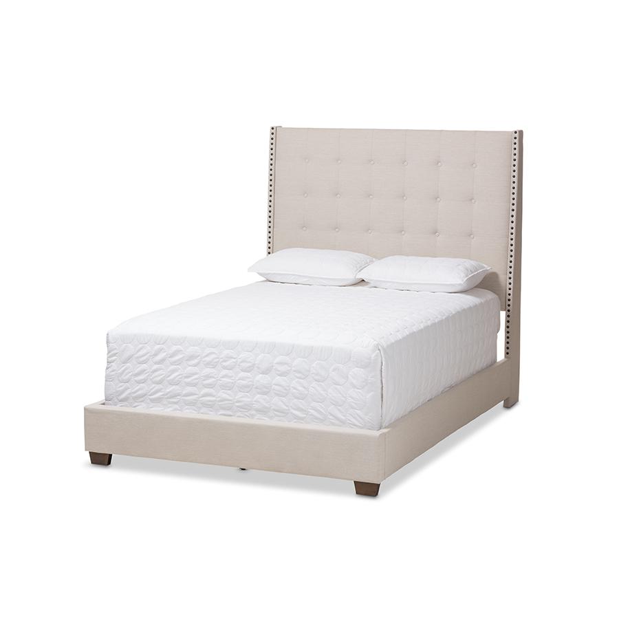 Georgette Modern and Contemporary Light Beige Fabric Upholstered Queen Size Bed. Picture 1
