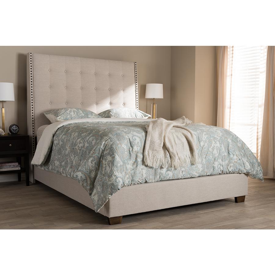 Georgette Modern and Contemporary Light Beige Fabric Upholstered Queen Size Bed. Picture 2