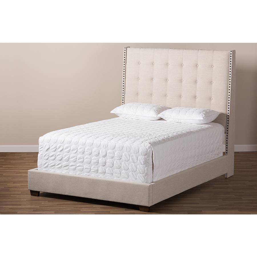 Georgette Modern and Contemporary Light Beige Fabric Upholstered Queen Size Bed. Picture 8