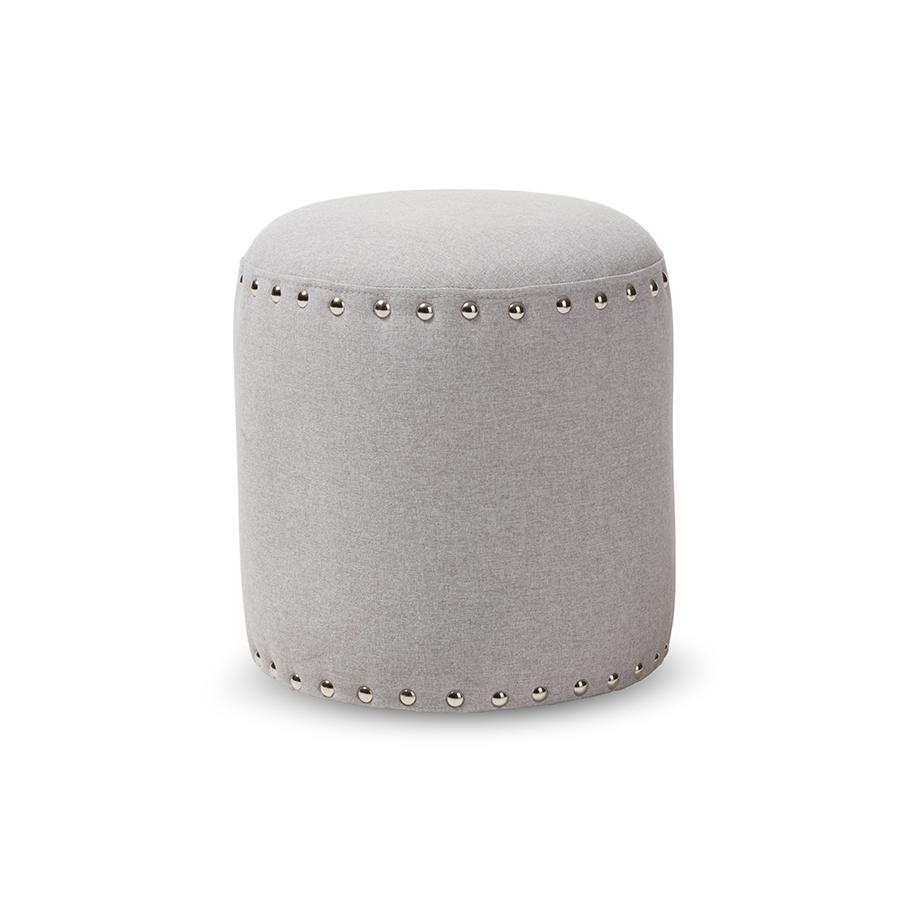 Rosine Modern and Contemporary Light Grey Fabric Upholstered Nail Trim Ottoman. Picture 1