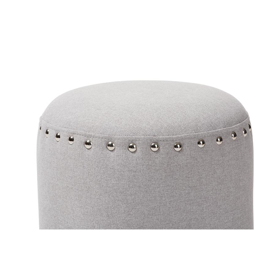 Rosine Modern and Contemporary Light Grey Fabric Upholstered Nail Trim Ottoman. Picture 3