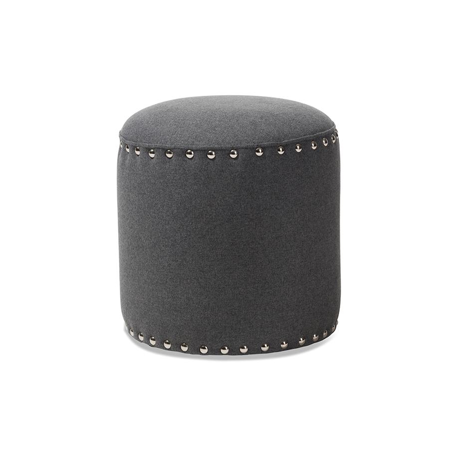 Rosine Modern and Contemporary Dark Grey Fabric Upholstered Nail Trim Ottoman. Picture 1