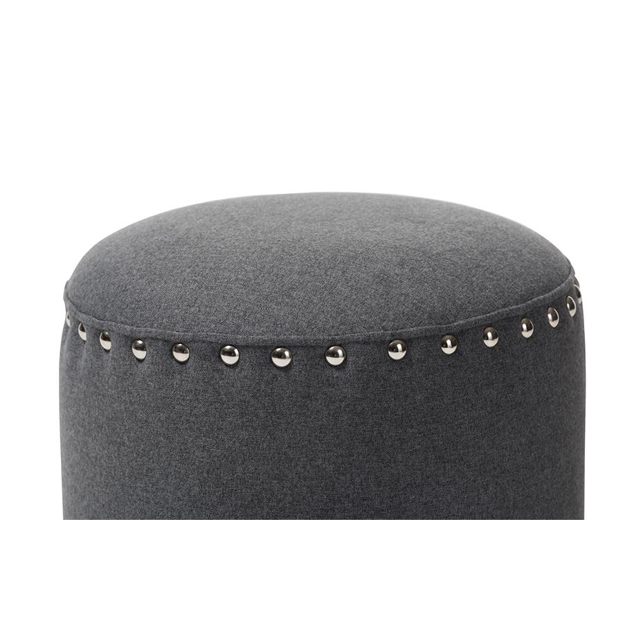 Rosine Modern and Contemporary Dark Grey Fabric Upholstered Nail Trim Ottoman. Picture 3