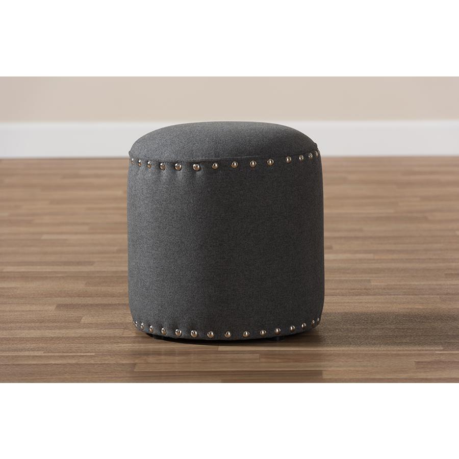 Rosine Modern and Contemporary Dark Grey Fabric Upholstered Nail Trim Ottoman. Picture 4
