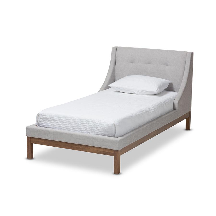 Louvain Modern and Contemporary Greyish Beige Fabric Upholstered Walnut-Finished Twin Sized Platform Bed. Picture 2