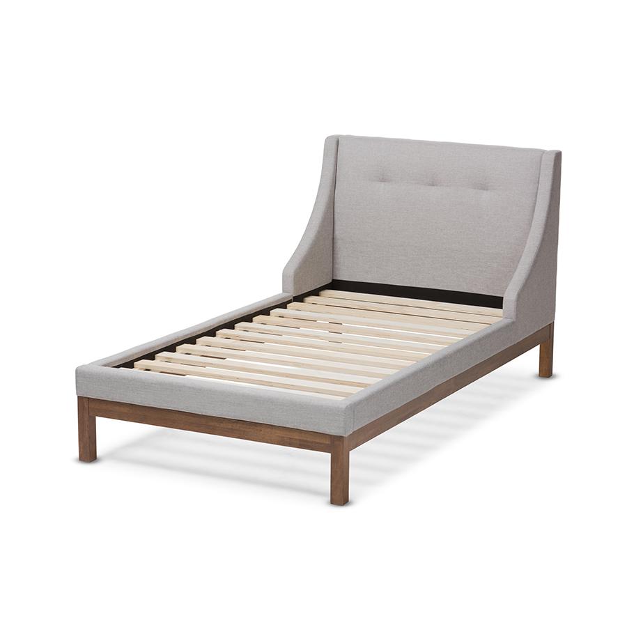 Louvain Modern and Contemporary Greyish Beige Fabric Upholstered Walnut-Finished Twin Sized Platform Bed. Picture 3