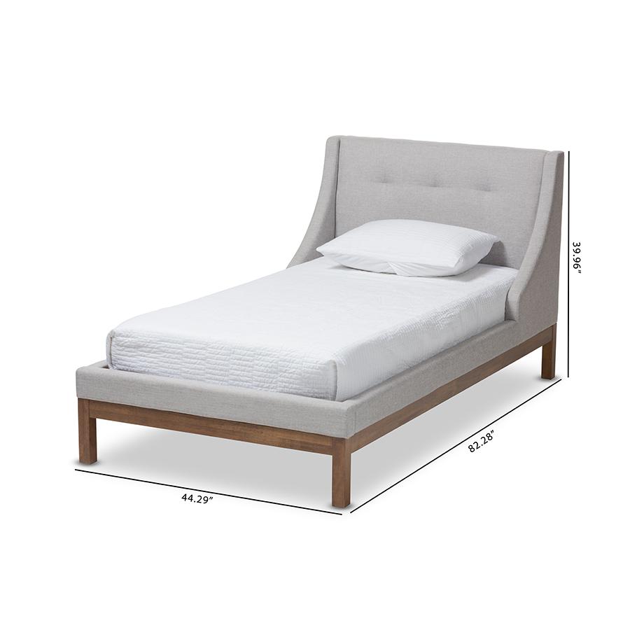 Louvain Modern and Contemporary Greyish Beige Fabric Upholstered Walnut-Finished Twin Sized Platform Bed. Picture 8