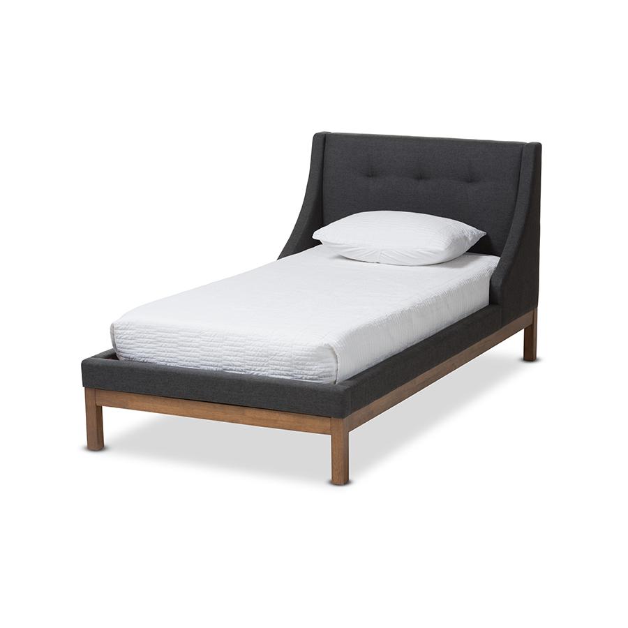 Louvain Modern and Contemporary Dark Grey Fabric Upholstered Walnut-Finished Twin Sized Platform Bed. Picture 2