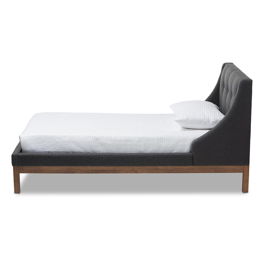 Dark Grey Fabric Upholstered Walnut-Finished Twin Sized Platform Bed. Picture 2