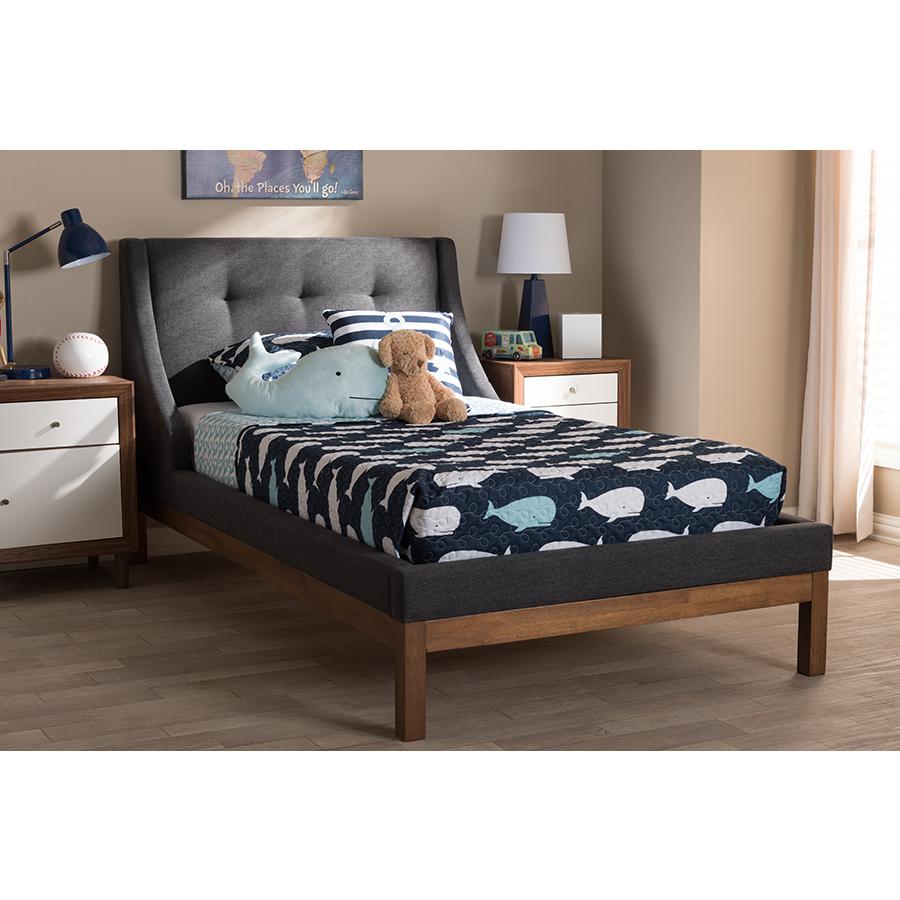 Louvain Modern and Contemporary Dark Grey Fabric Upholstered Walnut-Finished Twin Sized Platform Bed. Picture 6