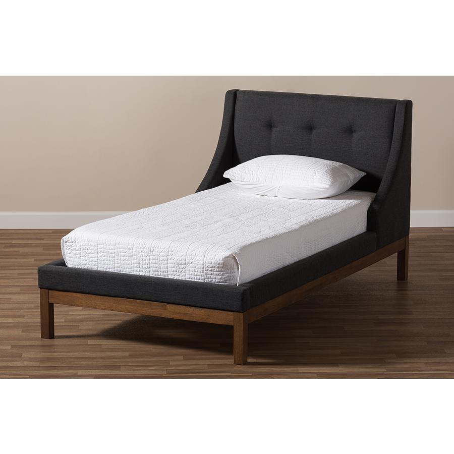 Louvain Modern and Contemporary Dark Grey Fabric Upholstered Walnut-Finished Twin Sized Platform Bed. Picture 7
