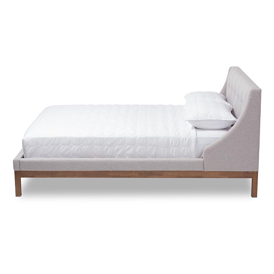Louvain Modern and Contemporary Greyish Beige Fabric Upholstered Walnut-Finished Queen Sized Platform Bed. The main picture.