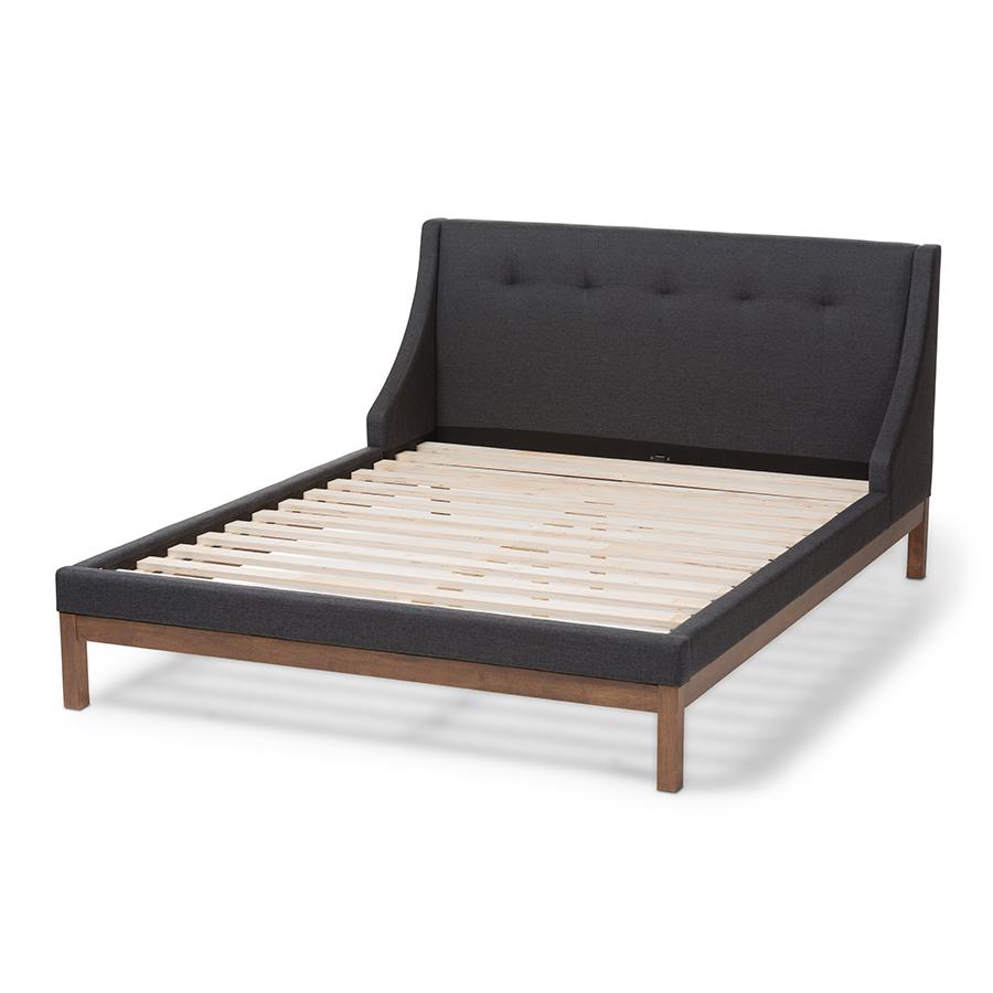 Louvain Modern and Contemporary Dark Grey Fabric Upholstered Walnut-Finished Full Sized Platform Bed. Picture 3