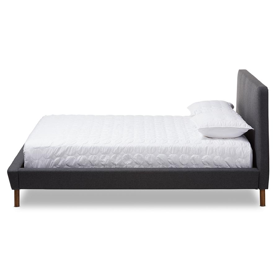Sinclaire Modern and Contemporary Dark Grey Fabric Upholstered Walnut-Finished Queen Sized Platform Bed. The main picture.
