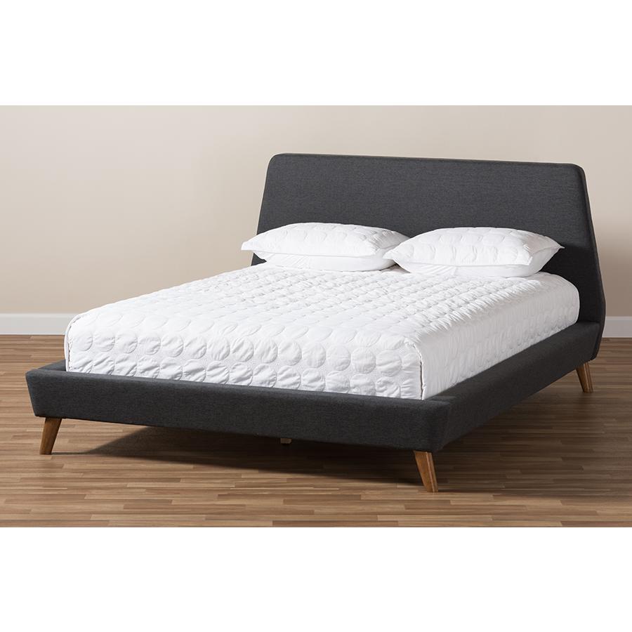 Sinclaire Modern and Contemporary Dark Grey Fabric Upholstered Walnut-Finished Queen Sized Platform Bed. Picture 6