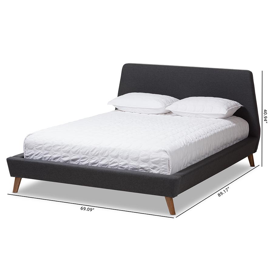 Sinclaire Modern and Contemporary Dark Grey Fabric Upholstered Walnut-Finished Queen Sized Platform Bed. Picture 7