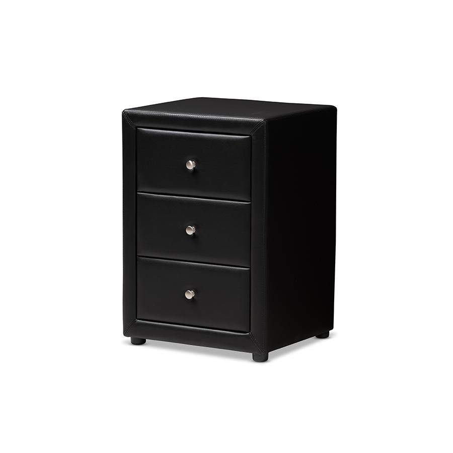 Tessa Modern and Contemporary Black Faux Leather Upholstered 3-Drawer Nightstand. Picture 3