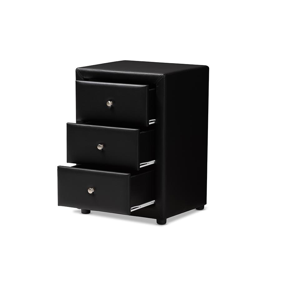 Tessa Modern and Contemporary Black Faux Leather Upholstered 3-Drawer Nightstand. Picture 4