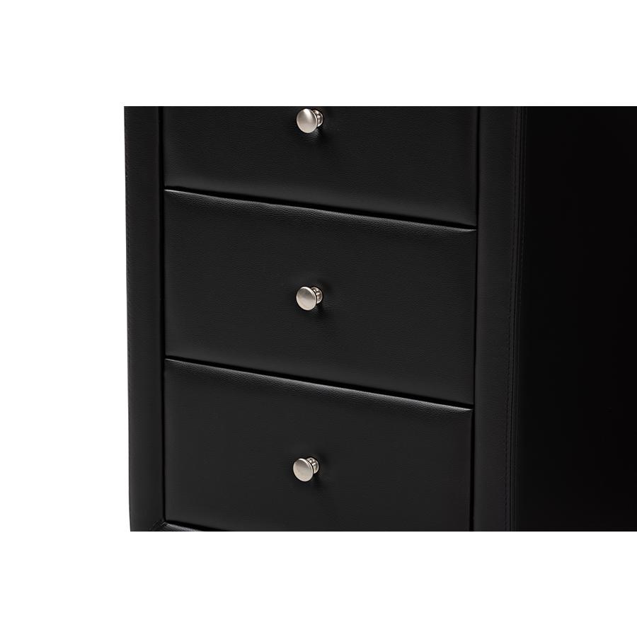 Tessa Modern and Contemporary Black Faux Leather Upholstered 3-Drawer Nightstand. Picture 5