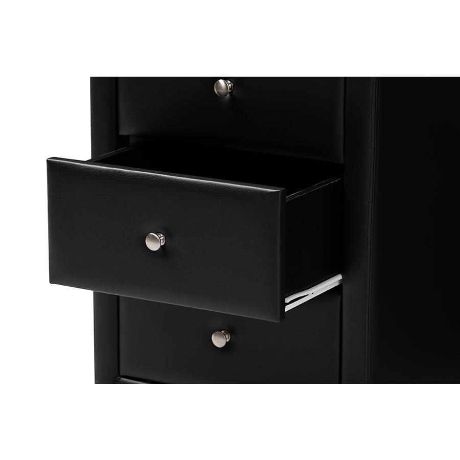 Tessa Modern and Contemporary Black Faux Leather Upholstered 3-Drawer Nightstand. Picture 6