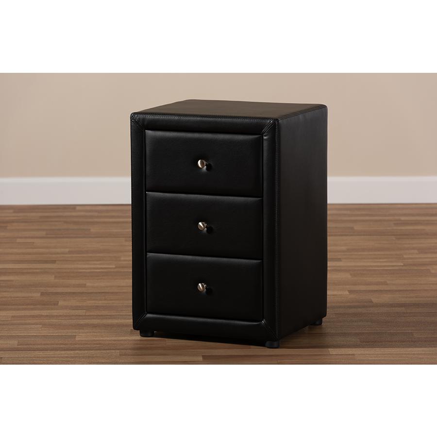 Tessa Modern and Contemporary Black Faux Leather Upholstered 3-Drawer Nightstand. Picture 9