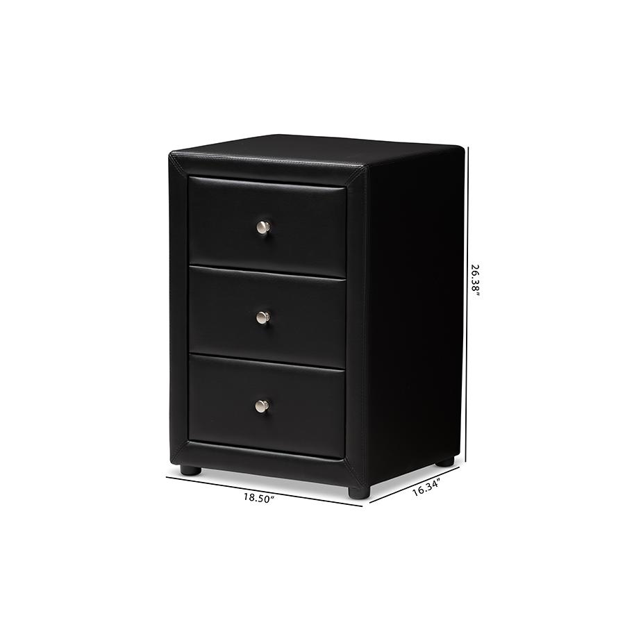 Tessa Modern and Contemporary Black Faux Leather Upholstered 3-Drawer Nightstand. Picture 9