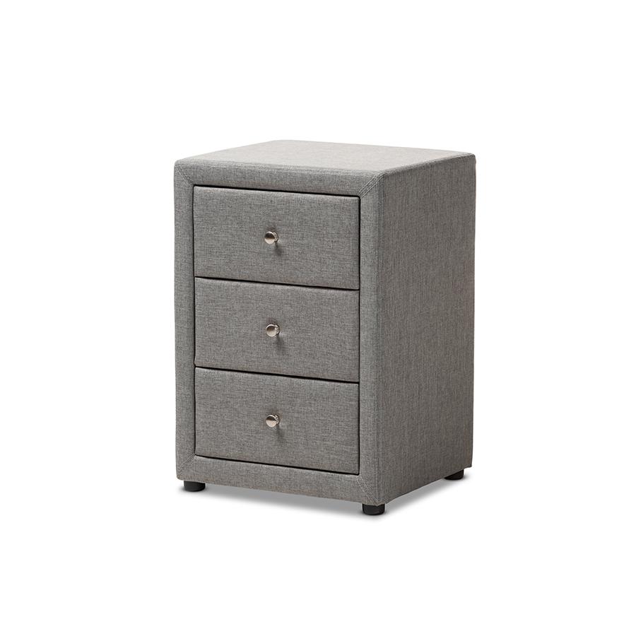 Tessa Modern and Contemporary Grey Fabric Upholstered 3-Drawer Nightstand. Picture 1
