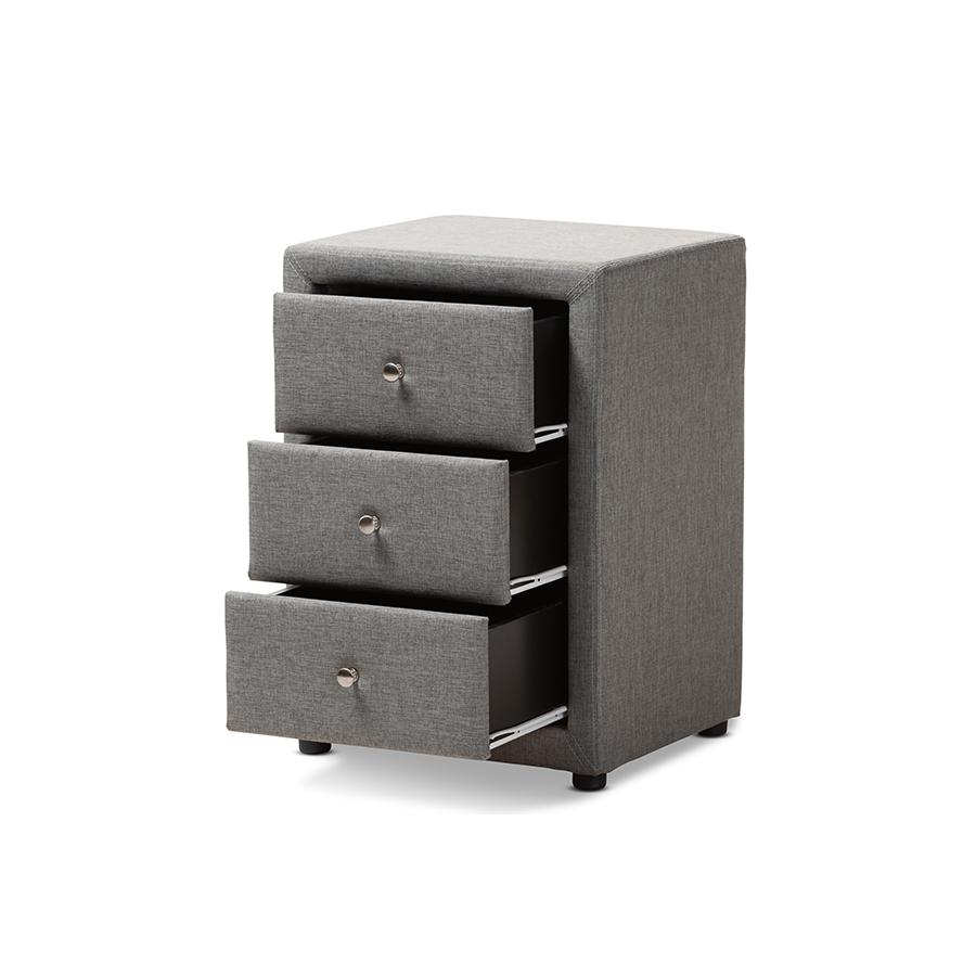 Tessa Modern and Contemporary Grey Fabric Upholstered 3-Drawer Nightstand. Picture 4
