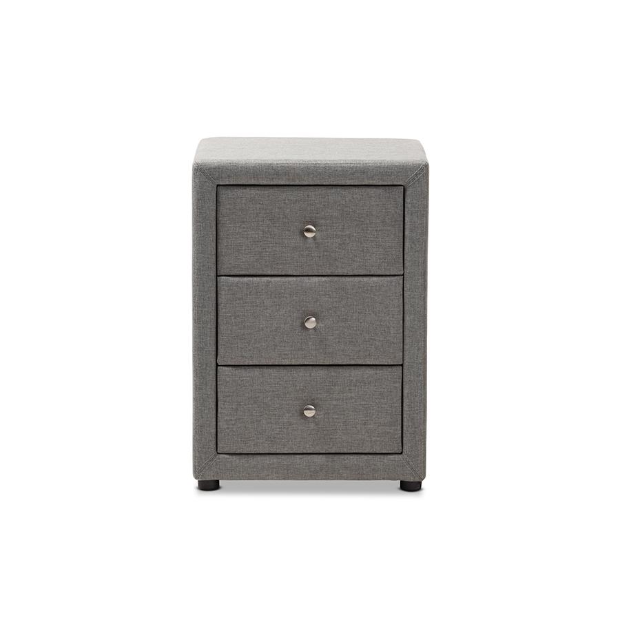 Tessa Modern and Contemporary Grey Fabric Upholstered 3-Drawer Nightstand. Picture 1