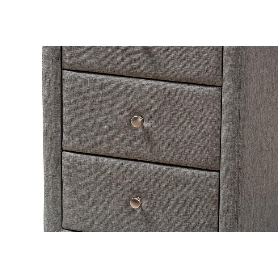 Tessa Modern and Contemporary Grey Fabric Upholstered 3-Drawer Nightstand. Picture 6