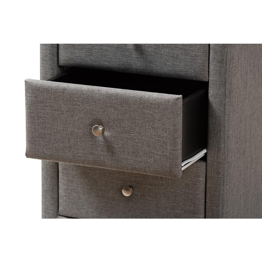 Tessa Modern and Contemporary Grey Fabric Upholstered 3-Drawer Nightstand. Picture 6
