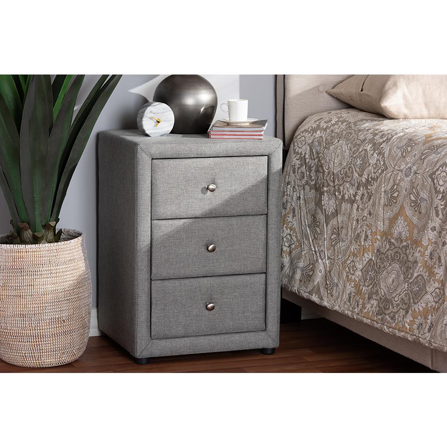 Tessa Modern and Contemporary Grey Fabric Upholstered 3-Drawer Nightstand. Picture 7