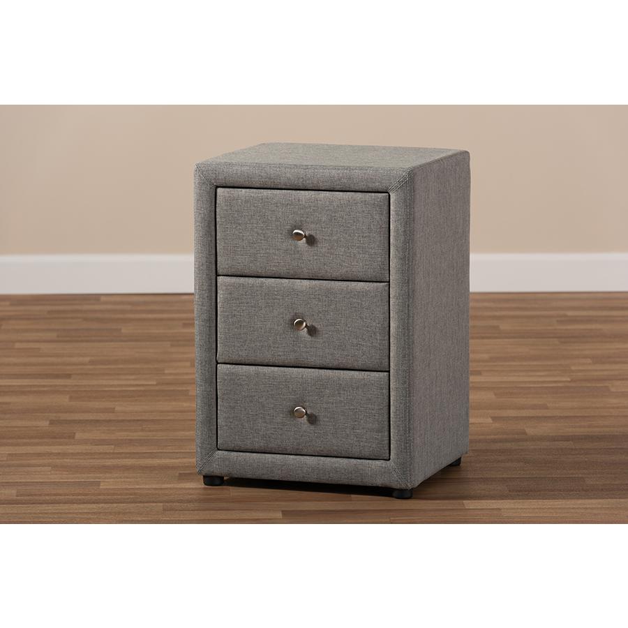 Tessa Modern and Contemporary Grey Fabric Upholstered 3-Drawer Nightstand. Picture 8