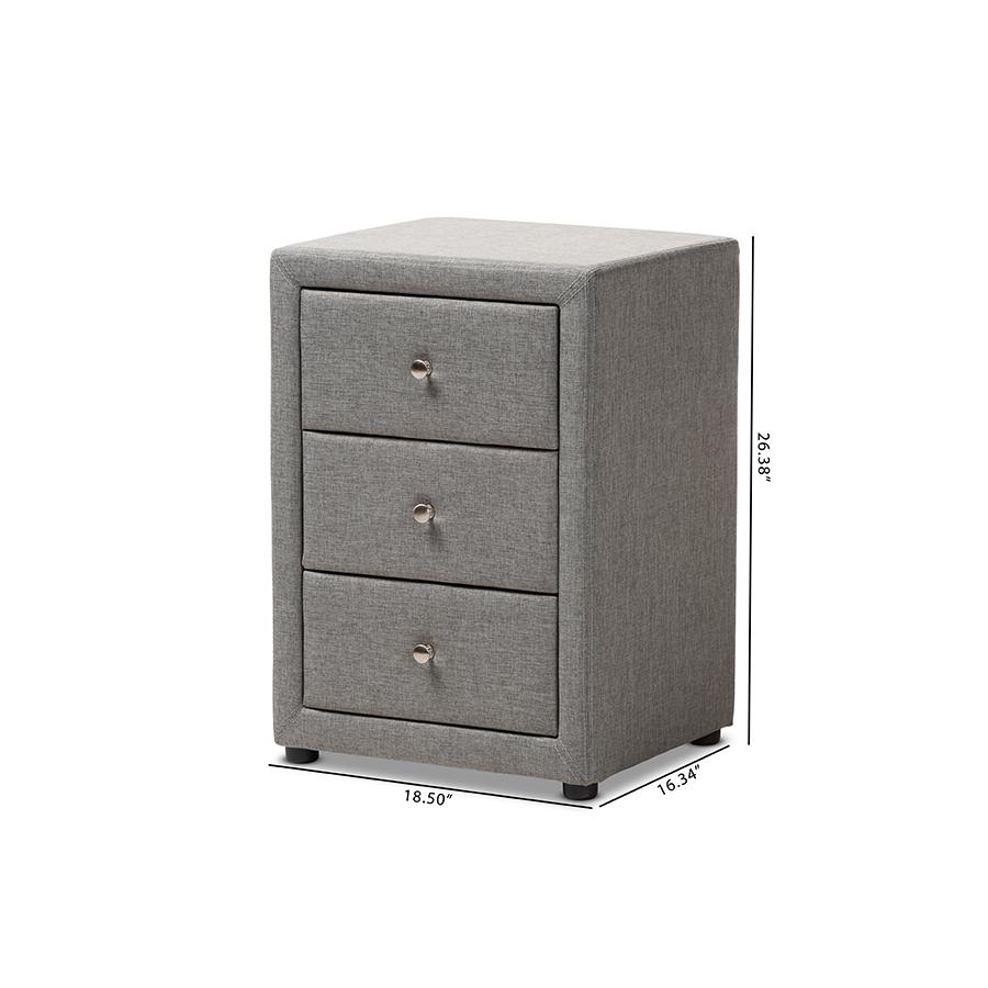 Tessa Modern and Contemporary Grey Fabric Upholstered 3-Drawer Nightstand. Picture 9