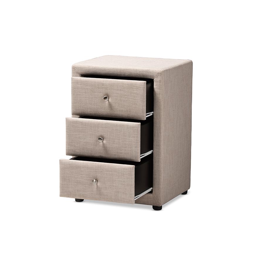 Tessa Modern and Contemporary Beige Fabric Upholstered 3-Drawer Nightstand. Picture 4