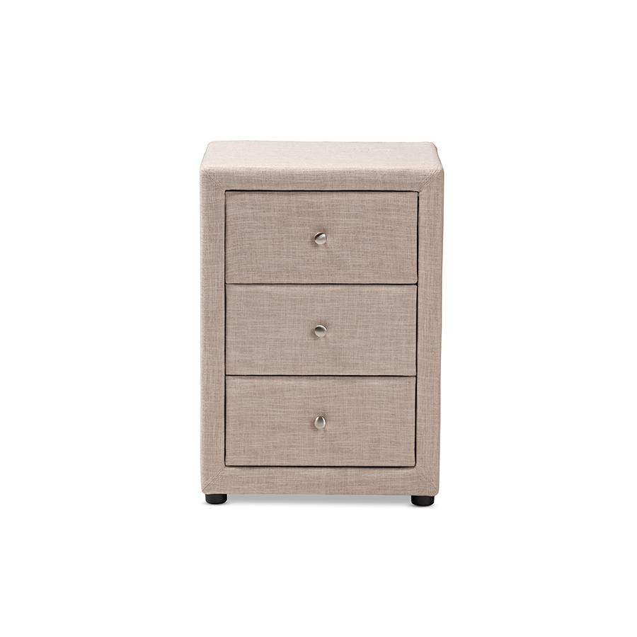 Tessa Modern and Contemporary Beige Fabric Upholstered 3-Drawer Nightstand. Picture 1