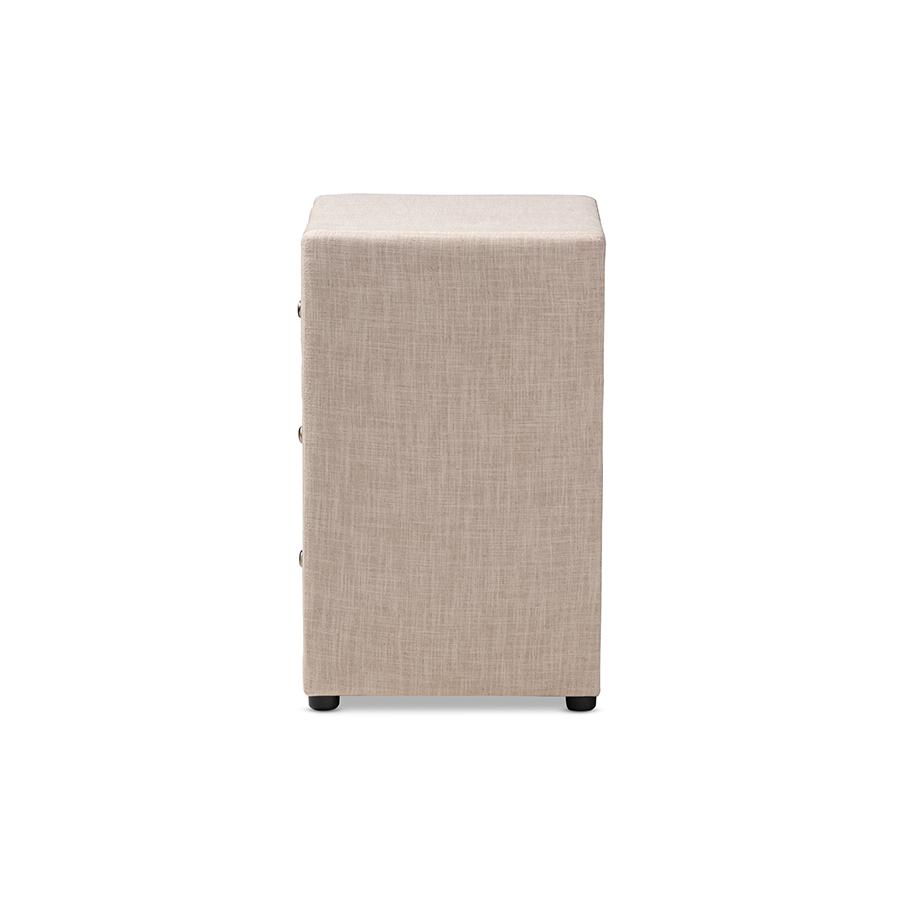 Tessa Modern and Contemporary Beige Fabric Upholstered 3-Drawer Nightstand. Picture 5