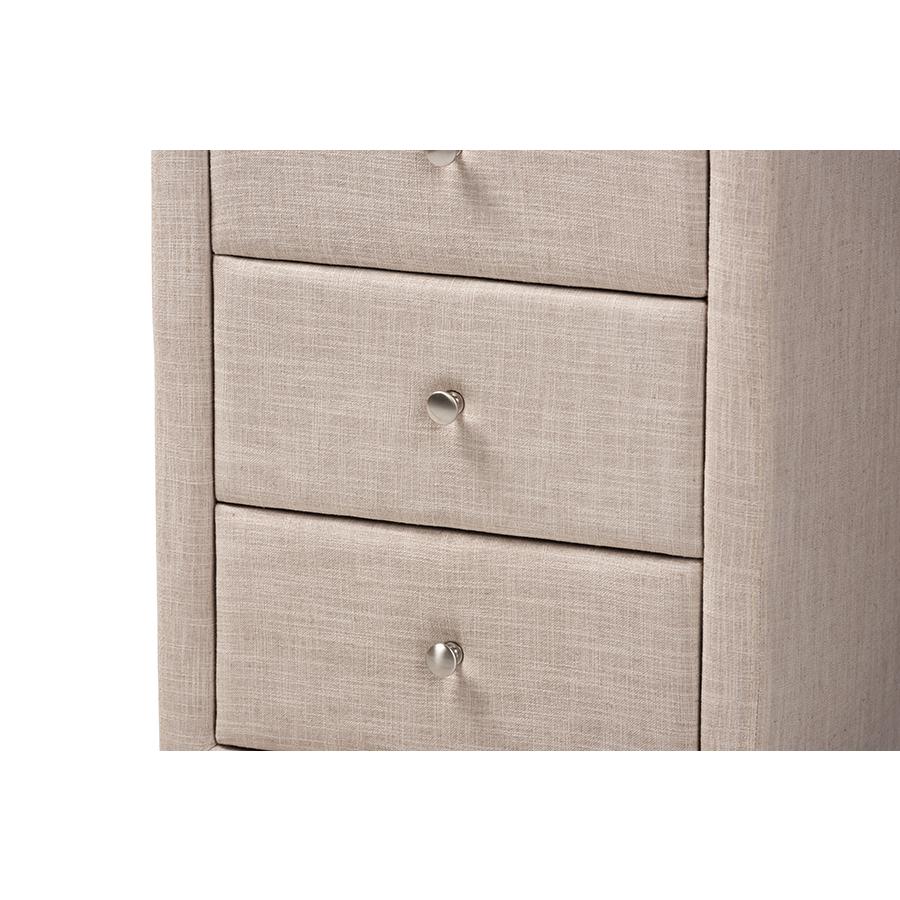 Tessa Modern and Contemporary Beige Fabric Upholstered 3-Drawer Nightstand. Picture 6