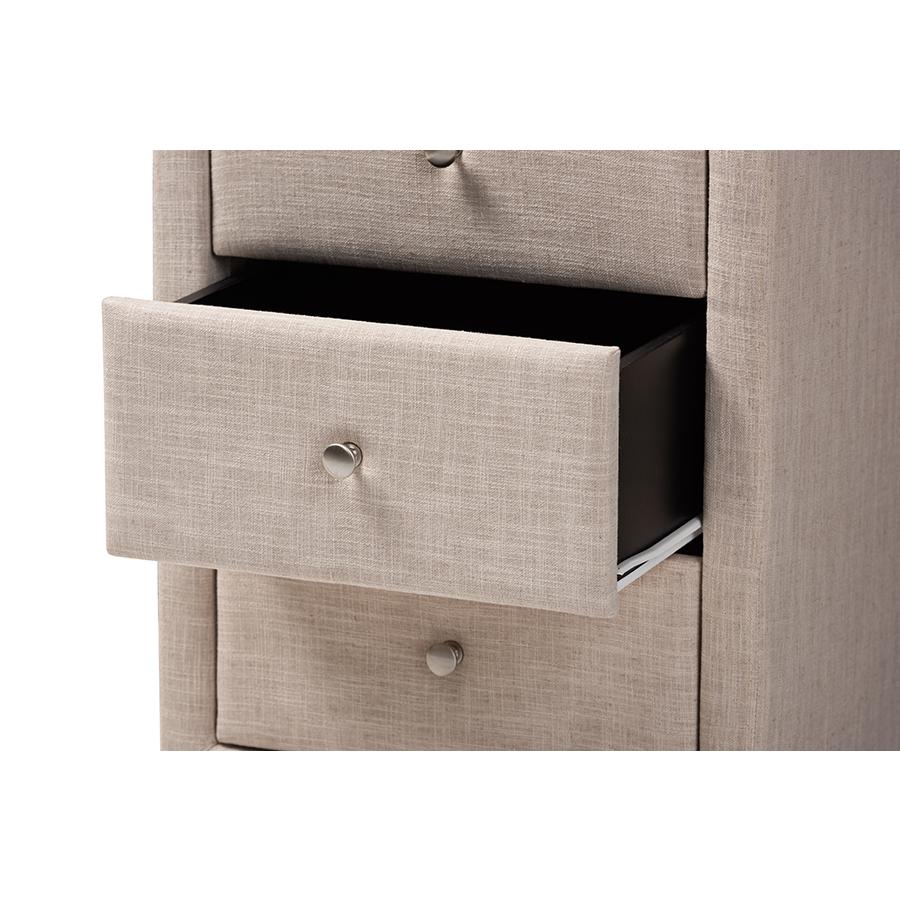Tessa Modern and Contemporary Beige Fabric Upholstered 3-Drawer Nightstand. Picture 7