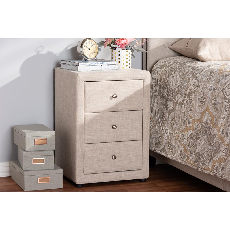 Tessa Modern and Contemporary Beige Fabric Upholstered 3-Drawer Nightstand. Picture 2