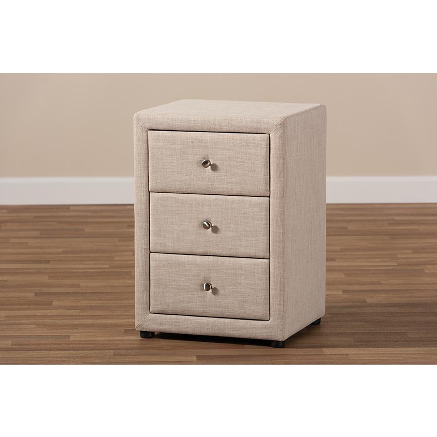 Tessa Modern and Contemporary Beige Fabric Upholstered 3-Drawer Nightstand. Picture 9