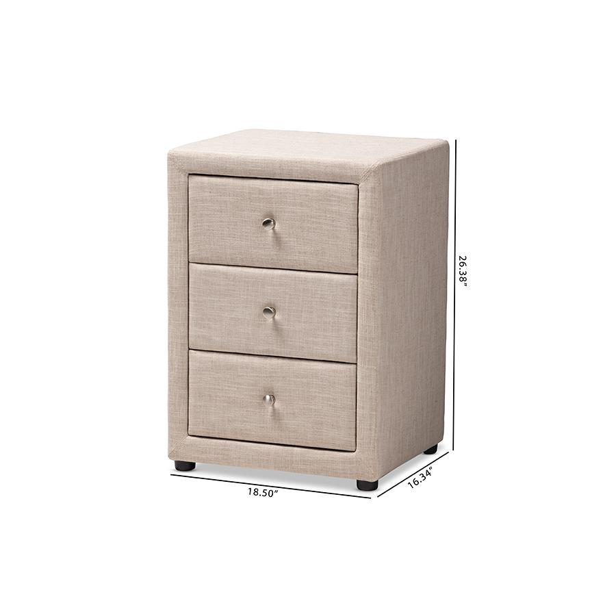 Tessa Modern and Contemporary Beige Fabric Upholstered 3-Drawer Nightstand. Picture 10