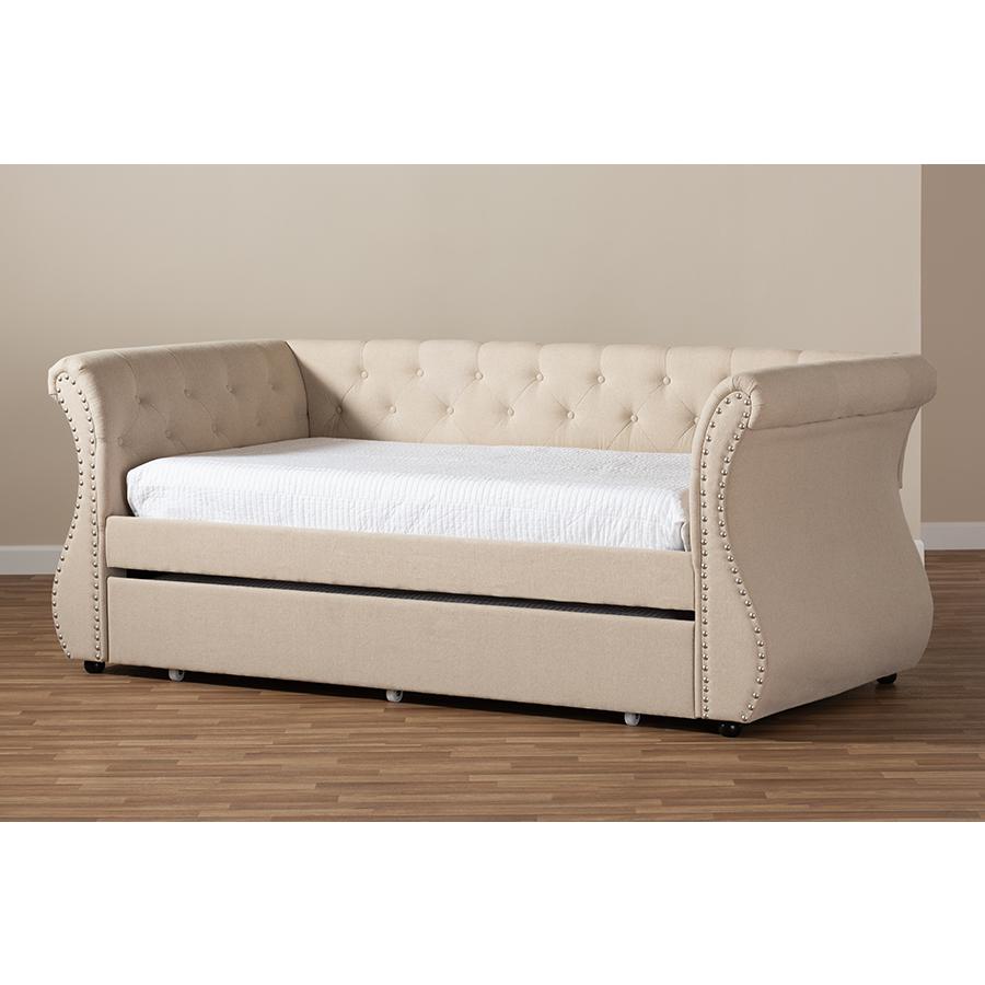Cherine Classic and Contemporary Beige Fabric Upholstered Daybed with Trundle. Picture 10