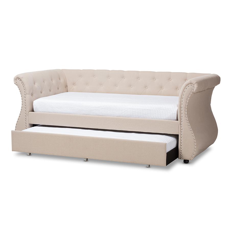 Cherine Classic and Contemporary Beige Fabric Upholstered Daybed with Trundle. Picture 2