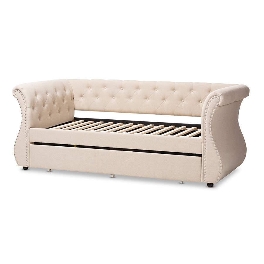 Cherine Classic and Contemporary Beige Fabric Upholstered Daybed with Trundle. Picture 4