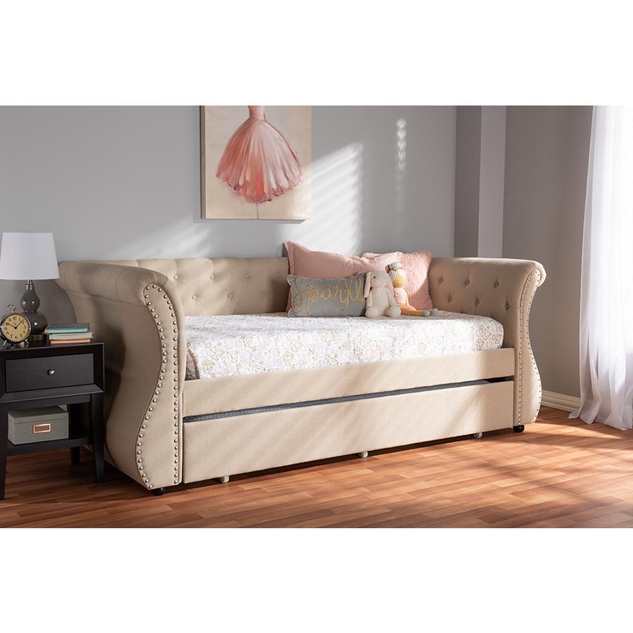 Cherine Classic and Contemporary Beige Fabric Upholstered Daybed with Trundle. Picture 8