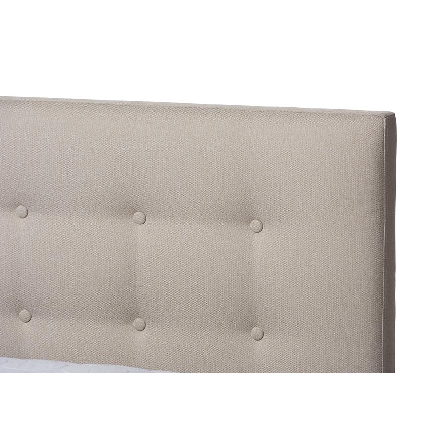 Light Beige Fabric Upholstered Walnut Wood King Size Platform Bed. Picture 4