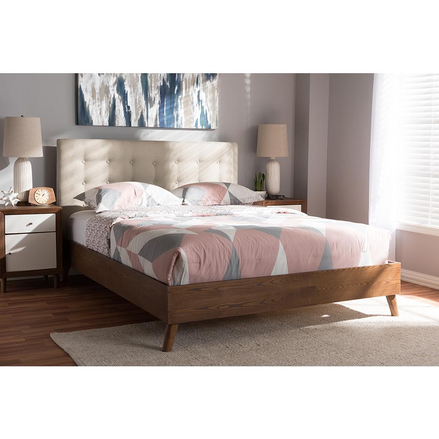 Light Beige Fabric Upholstered Walnut Wood King Size Platform Bed. Picture 6